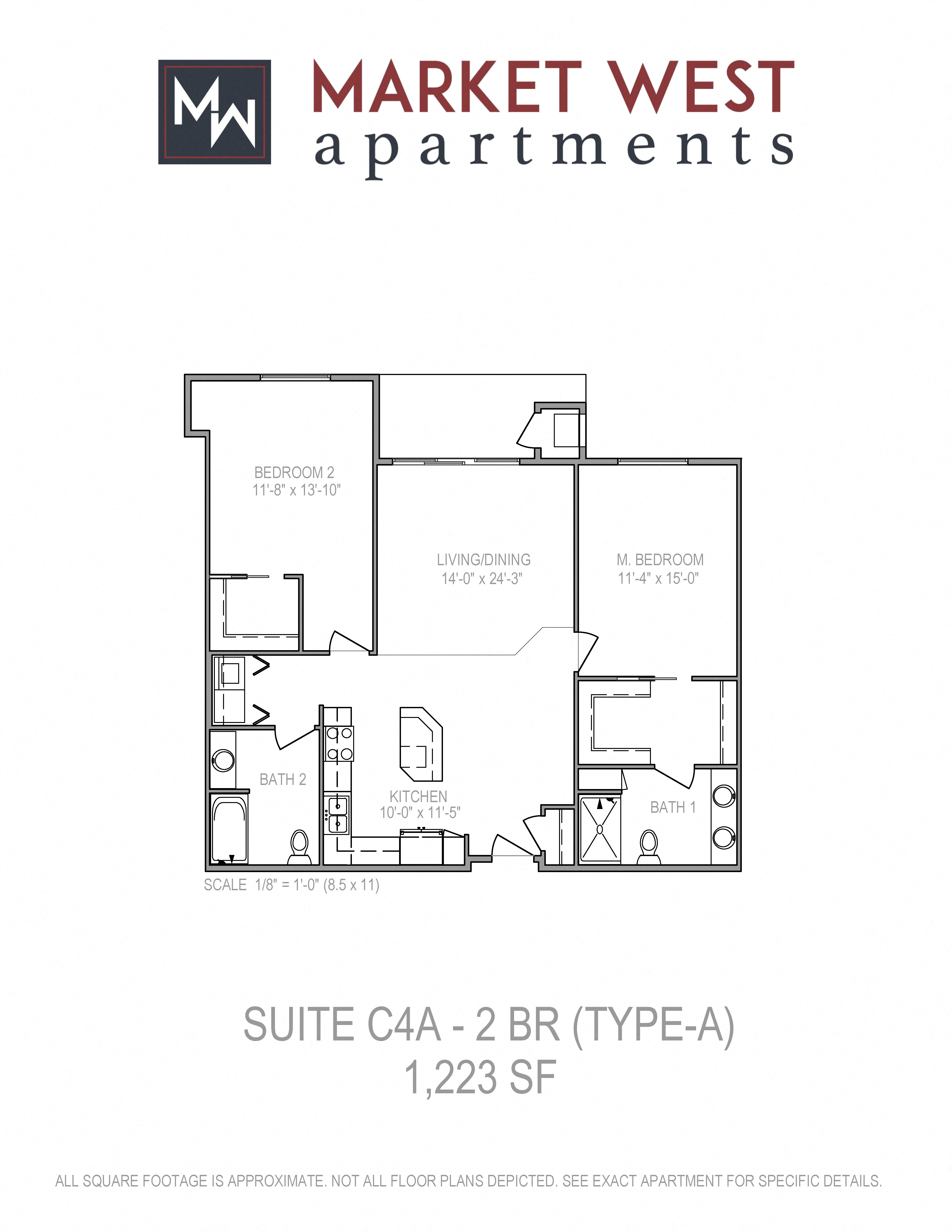 Floor plan for 2 beds, 2 baths, 1223 sqft